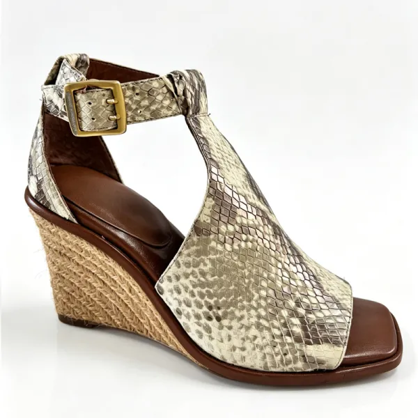 Women Snake Print T-Strap Jute Woven Wedge Square Toe Sandals