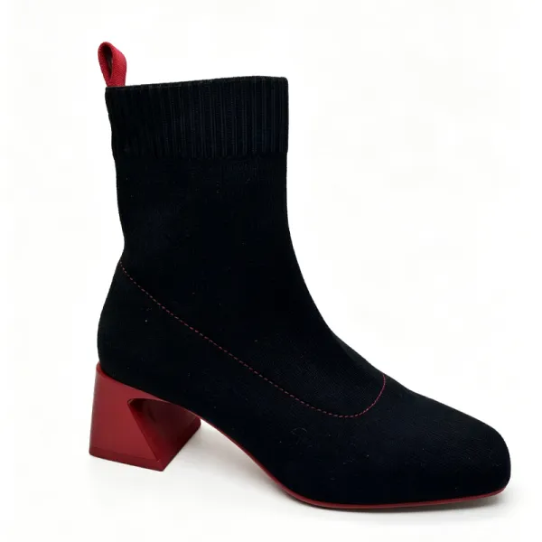 Women Black Knit Sock Ankle Boots with Red Hollow Block Heel & Square Toe