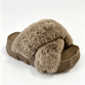 Brown Faux Fur Cross Band Platform Slides, Chunky Sole Women's Cozy Slippers  