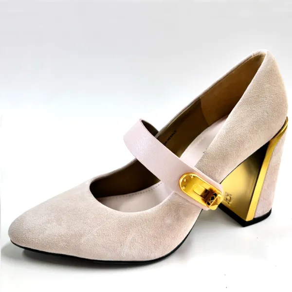 Pink Suede Mary Jane Block Heel Pumps, Gold Buckle Women's Vintage Heels