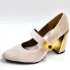 Pink Suede Mary Jane Block Heel Pumps, Gold Buckle Women's Vintage Heels