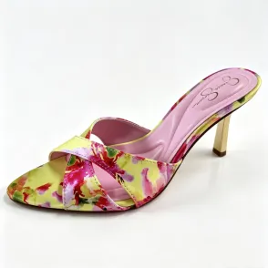 Yellow Pink Floral Print Cross Strap Mule Heels, Gold Heel Women's Slip-On Sandals
