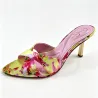 Yellow Pink Floral Print Cross Strap Mule Heels, Gold Heel Women's Slip-On Sandals