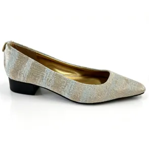 Beige Blue Textured Pointed Toe Block Heel Pumps, Women's Office Low Heels