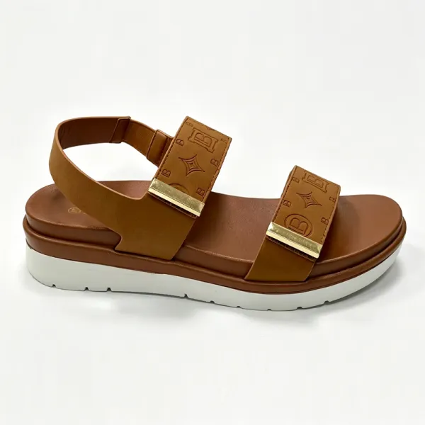 Women Camel Tan Embossed Double Strap Casual Platform Sandals With Metal Accent