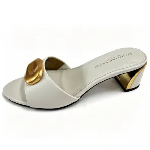 White Leather Block Heel Mule Sandals, Large Gold Buckle Women's Slides
