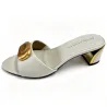 White Leather Block Heel Mule Sandals, Large Gold Buckle Women's Slides