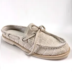 Beige Croc Embossed Suede Mule Boat Shoes, Backless Women's Loafer Slides