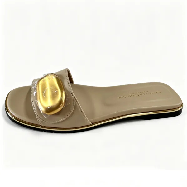 Nude Leather Flat Slide Sandals, Oval Gold Buckle Women's Slip-On Sandals