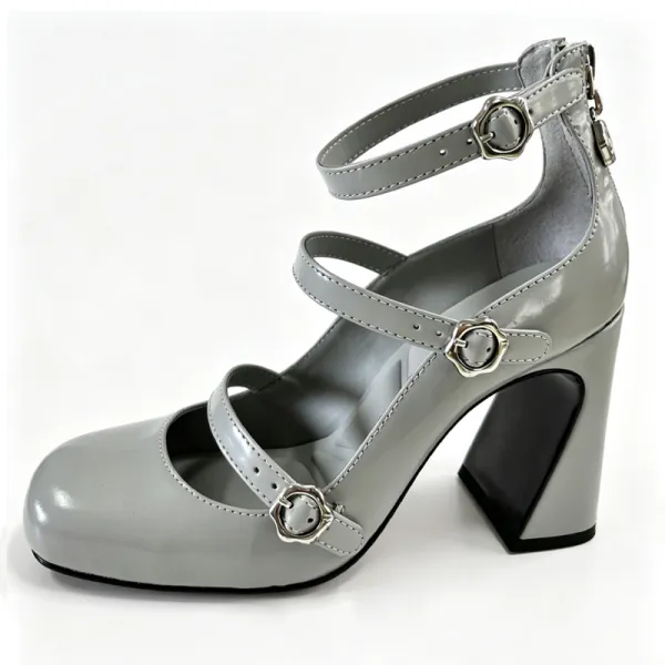 Women Light Grey Patent Triple Strap Mary Jane Chunky Heel Pumps