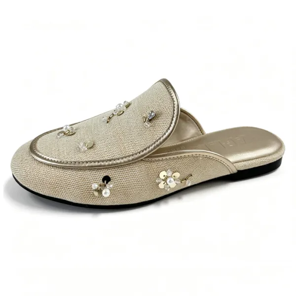 1. Champagne Gold Woven Pearl Crystal Embellished Mules, Women's Backless Loafer Flats  >