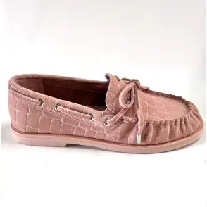 Pink Croc Embossed Suede Moccasin Boat Shoes, Women's Comfort Casual Flats