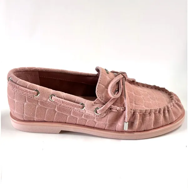 Pink Croc Embossed Suede Moccasin Boat Shoes, Women's Comfort Casual Flats