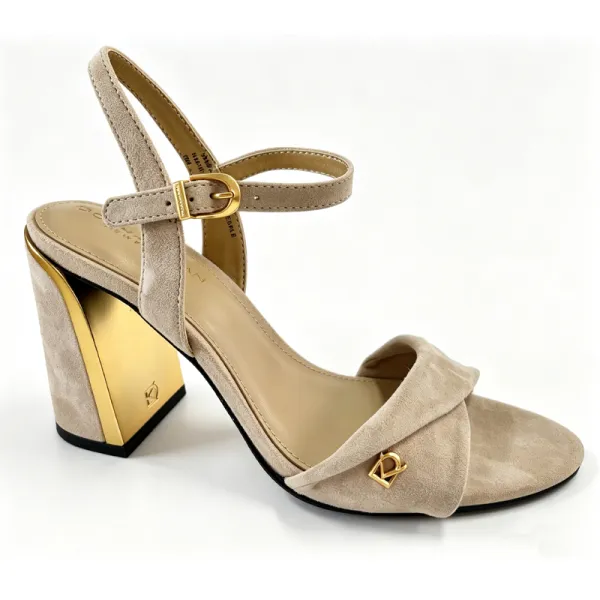 Women Nude Suede Block Heel Sandals with Gold Metallic Heel Detail
