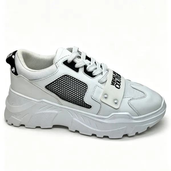 Women White Chunky Dad Sneakers with Honeycomb Mesh & Webbing Strap Decor