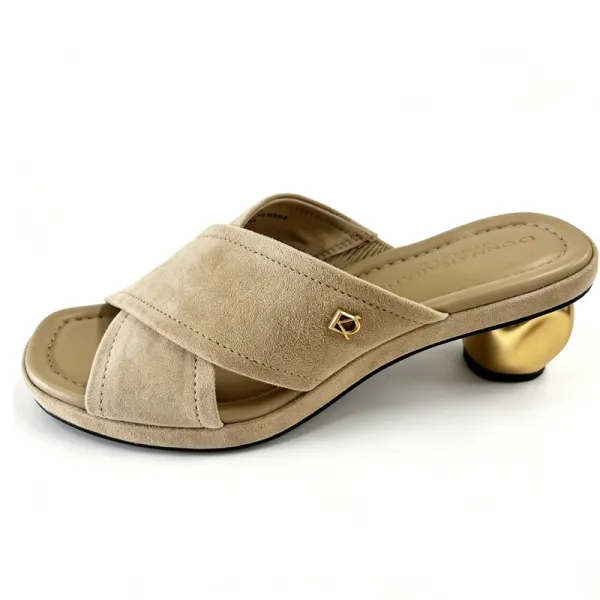 Nude Suede Cross Strap Mule Slides, Ball Heel Women's Designer Sandals