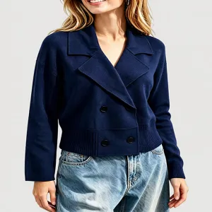 Navy Lapel Double Breasted Cropped Knit Cardigan