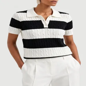 Black White Stripe Cable Knit Short Sleeve Polo Shirt for Women