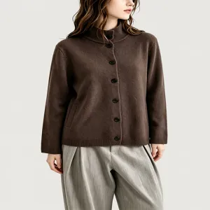 Dark Brown Stand Collar Single Breasted Knit Jacket