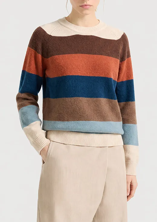 Earth Tone Wide Stripe Crew Neck Knit Sweater for Women
