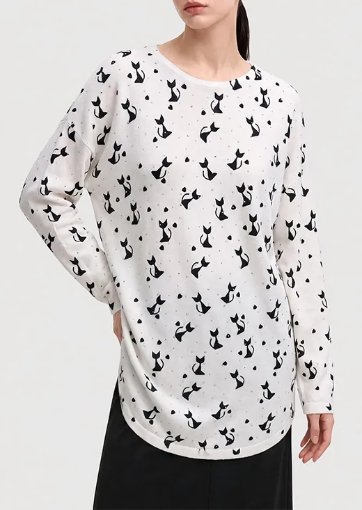 Black Cat Print Loose Knit Top, Casual Long Sleeve Sweater