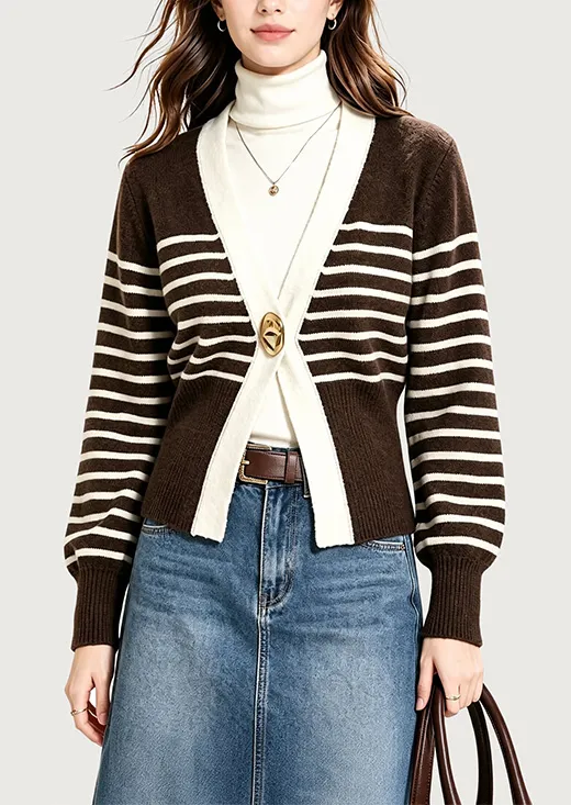 Brown Cream Stripe V-Neck Waist Cinching Knit Cardigan
