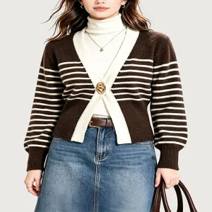 Brown Cream Stripe V-Neck Waist Cinching Knit Cardigan