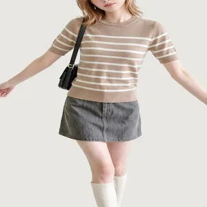 Camel White Fine Stripe Slim Fit Short Sleeve Knit Top