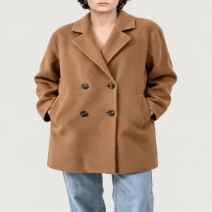 Classic Camel Notched Lapel Double Breasted Mid Length Wool Coat