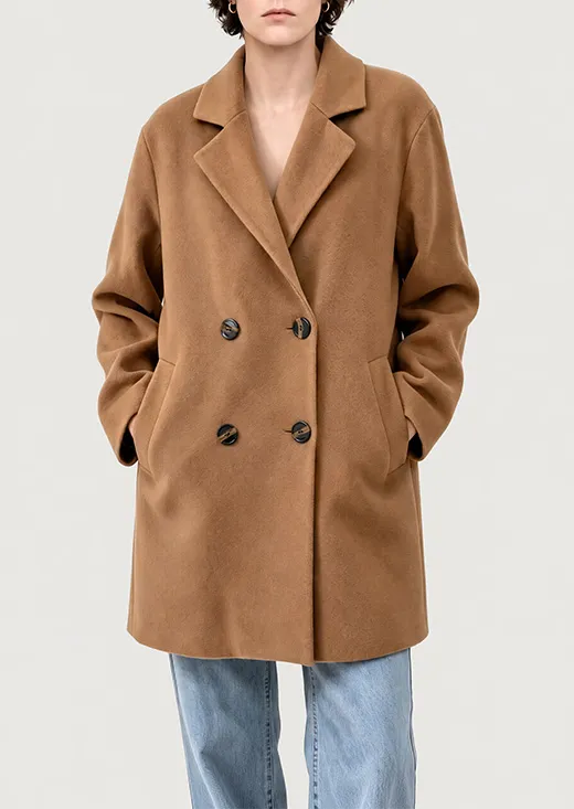 Classic Camel Notched Lapel Double Breasted Mid Length Wool Coat