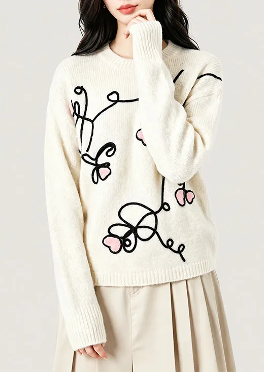 Abstract Floral Embroidery Knit Sweater