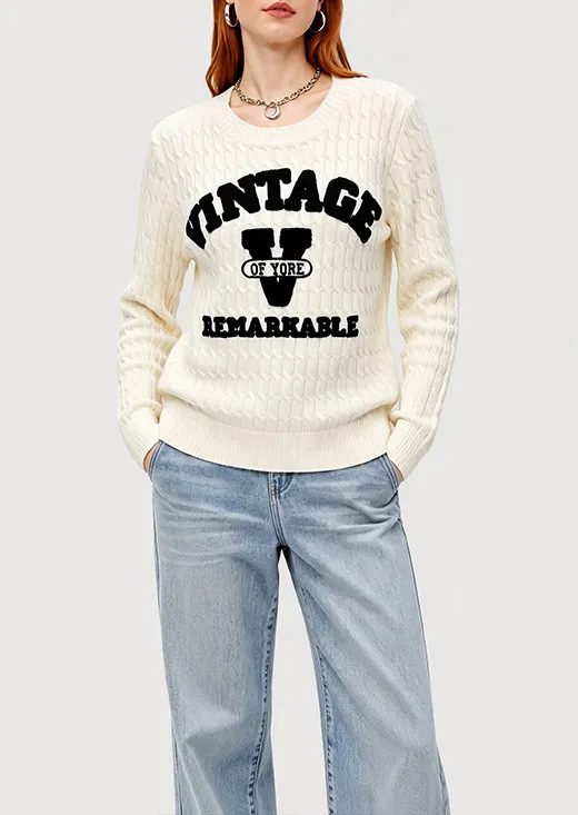 Cream Vintage Letter Embroidery Cable Knit Crew Neck Sweater Casual Pullover