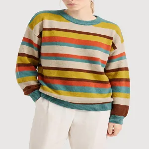 Vintage Multi-Color Wide Stripe Crew Neck Knit Sweater for Women