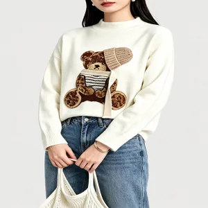 Cute 3D Bear Patch Mock Neck Knit Sweater Cream Oversized Long Sleeve Pullover
