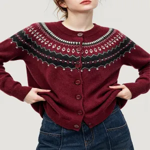 Burgundy Fair Isle Knit Cardigan, Vintage Nordic Pattern Button Sweater