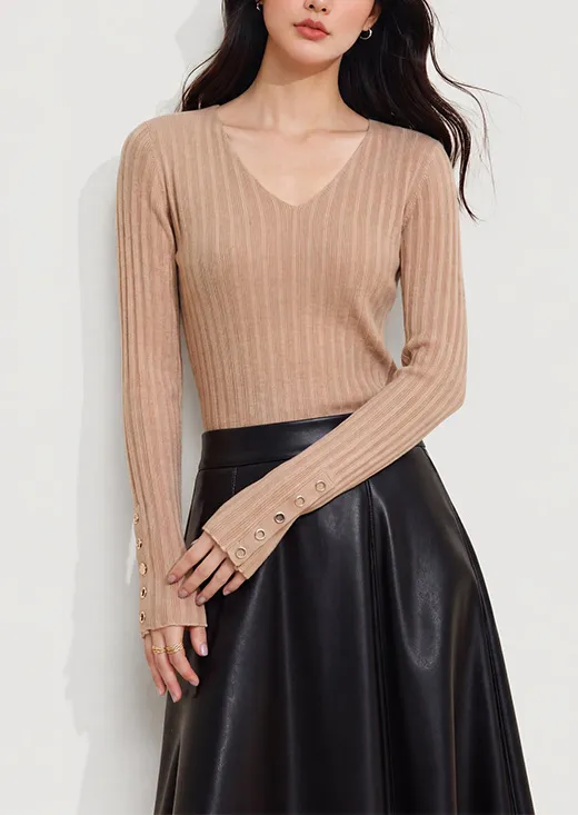 V-Neck Button Cuff Rib Knit Top