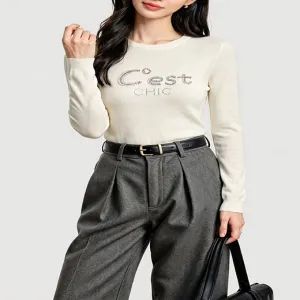 Rhinestone Letter Crew Neck Knit Top