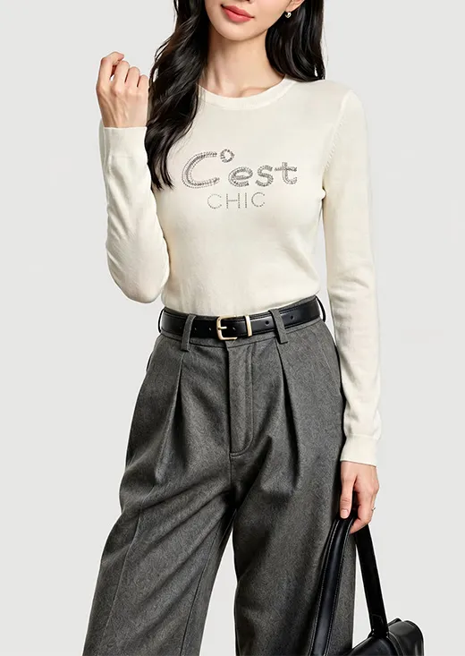 Rhinestone Letter Crew Neck Knit Top