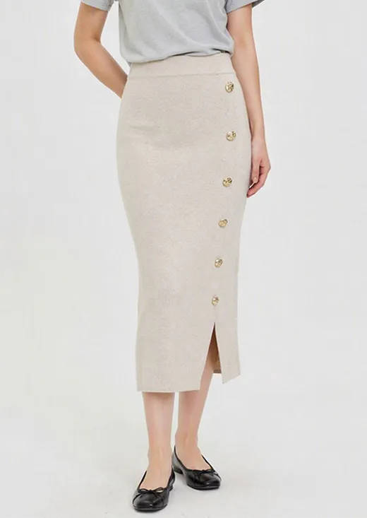 Oat Gold Button Slit Knit Midi Pencil Skirt