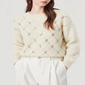 Cream Fuzzy Fluffy Diamond Star Sequin Crew Neck Knit Sweater Cropped Party Top