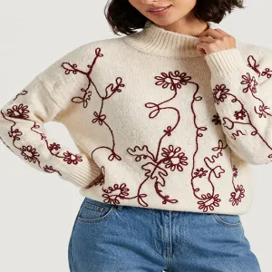 Burgundy Floral Vine Embroidery Turtleneck Sweater