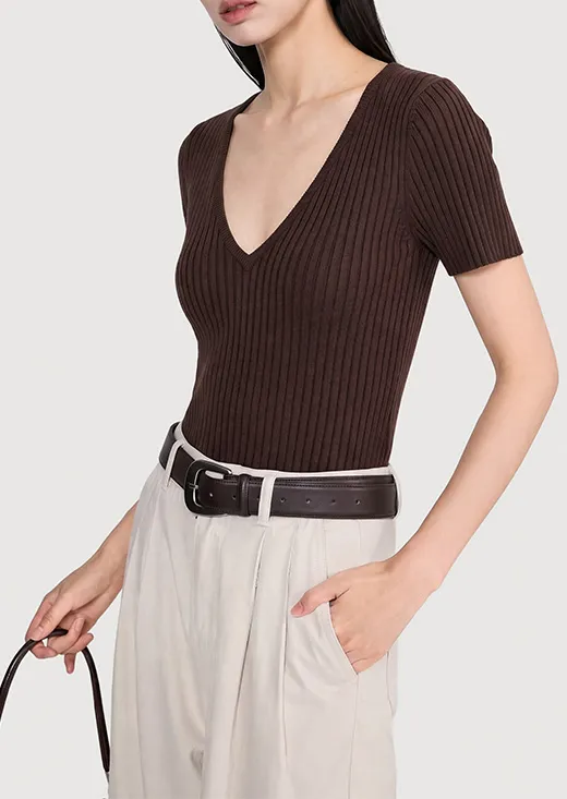 V-Neck Ribbed Short Sleeve Knit Top