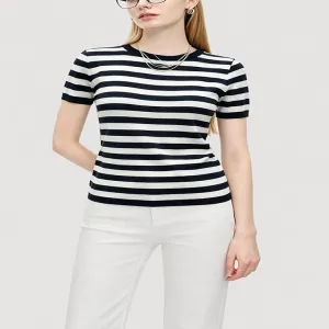 Black White Wide Stripe Regular Fit Short Sleeve Knit Top