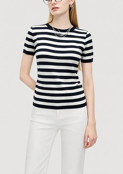 Black White Wide Stripe Regular Fit Short Sleeve Knit Top