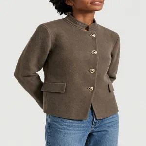 Dark Brown Mandarin Collar Gold Button Cropped Wool Jacket