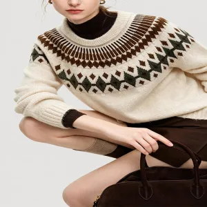 Color Block Diamond Fair Isle Crewneck Sweater Women Vintage Knitted Pullover
