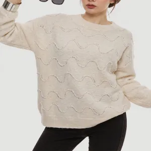 Wavy Pearl Rhinestone Embellished Sweater Women Luxury Minimal Knit Pullover