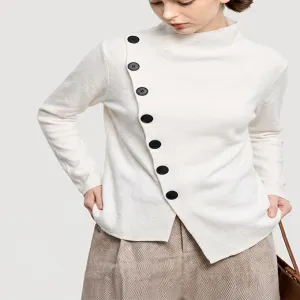 Asymmetric Button Mock Neck Knit Sweater