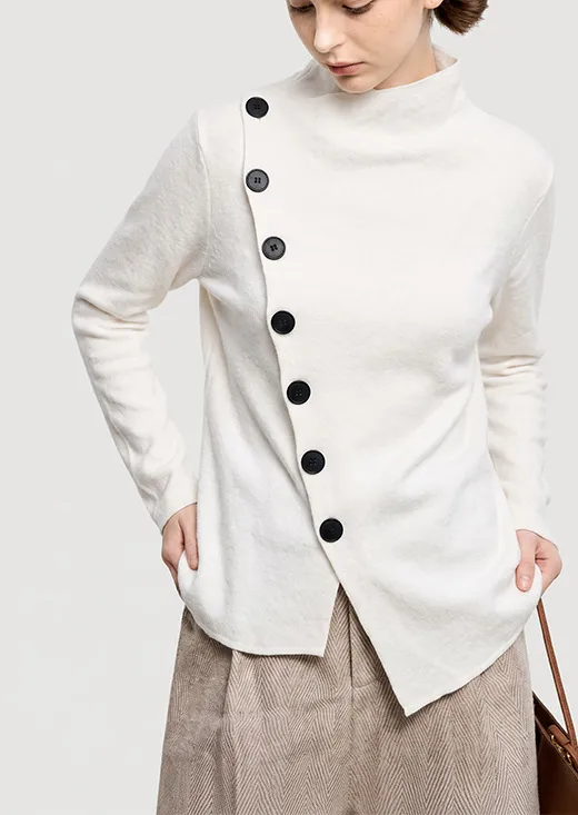 Asymmetric Button Mock Neck Knit Sweater