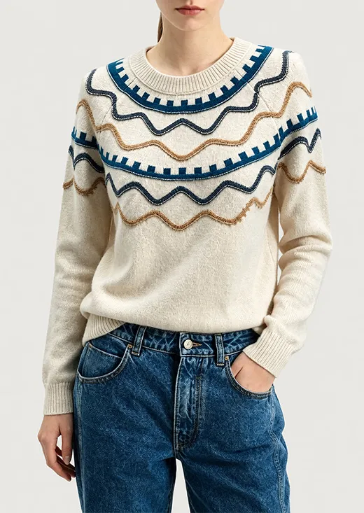 Wavy Line Texture Knit Sweater, Minimal Geometric Stripe Jacquard Pullover